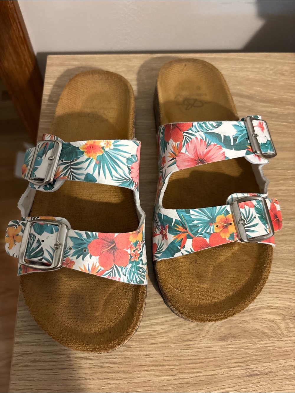 Floral Double-Buckle Slide Sandals - White Tropical